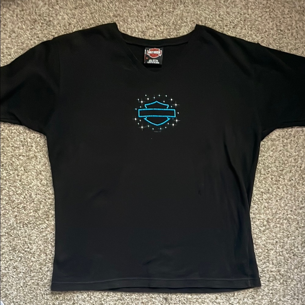 Vintage 2005 Harley-Davidson Black Tee with Neon Blue Emblem